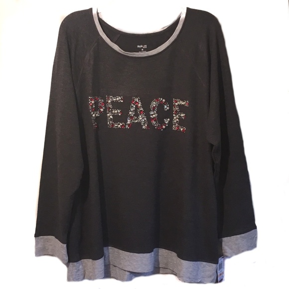 Style & Co. Tops - Style & Co Gray Sweatshirt Embellished PEACE 2X